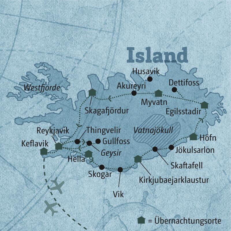 Diese Karte zeigt den Verlauf Ihrer individuellen 10-tägigen Mietwagenreise Island: Reykjavik, Golden Circle, Hella, Skogar, Vik, Kirkjubaejarklaustur, Jökulsarlon, Höfn, Egilsstadir, Dettifoss, Myvatn, Akureyri, Skagafjördur, Keflavik.