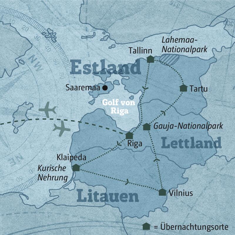 Ihre individuelle Reiseroute startet in Tallinn und führt überTartu, den Gauja-Nationalpark, Vilnius, Klaipeda und Riga zurück.