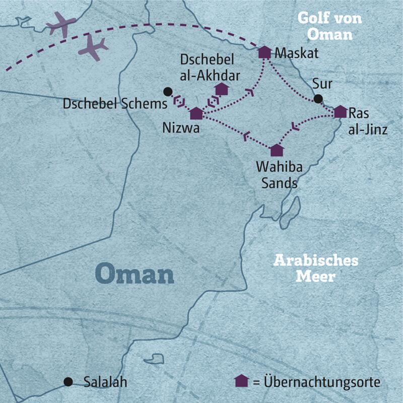 Auf dieser individuellen Rundreise erleben Sie den faszinierenden Oman: Wadis, Oasen und die Wüste, Sie übernachten im Wüstencamp und erkunden alte Burgen, atemberaubende Schluchten und genießen die orientalische Küche!