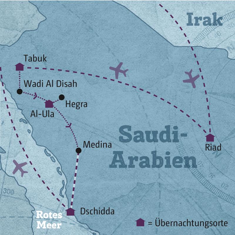 Auf Ihrer individuellen Reise durch Saudi-Arabien reisen Sie von Riad über Tabuk nach Al-Ula, weiter nach Medina und Dschidda.