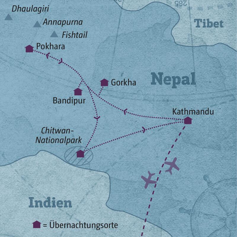 Ihre individuelle Reiseroute durch Nepal startet in Kathmandu und führt über Gorkha nach Pokhara, über Bandipur und den Chitwan-Nationalpark geht es zurück nach Kathmandu.