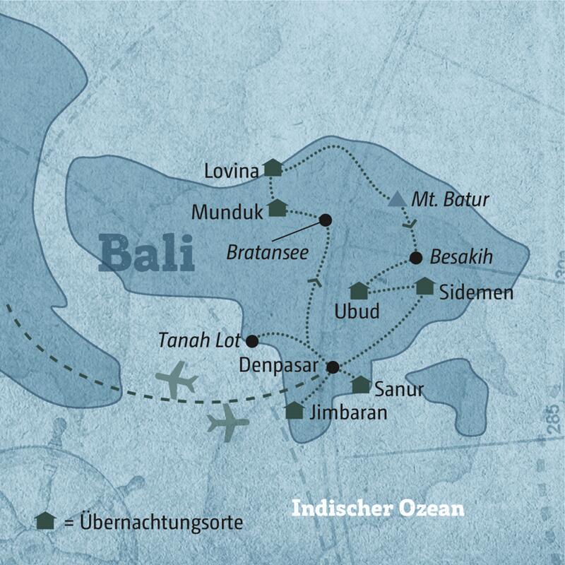 Ihre Reiseroute durch Bali führt Sie zu den wichtigsten Tempeln wie Pura Besakih und Tanah Lot, zu den malerischen Reisterrassen und den traumhaften Stränden.