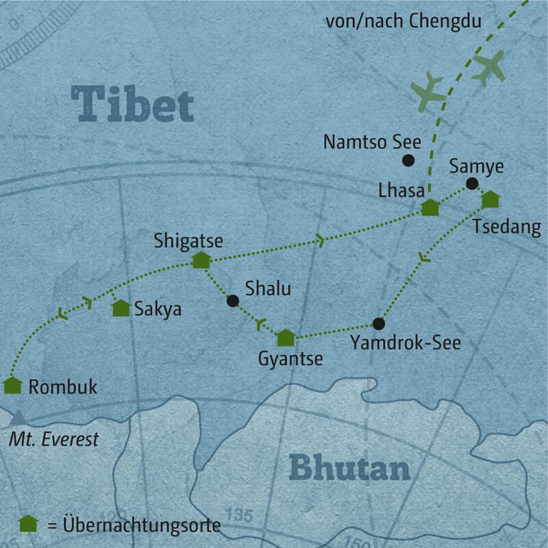 Ihre individuelle Rundreise durch Tibet führt Sie von Lhasa über Tsedang, Gyantse, Shigatse und Sakya bis nach Rombuk.