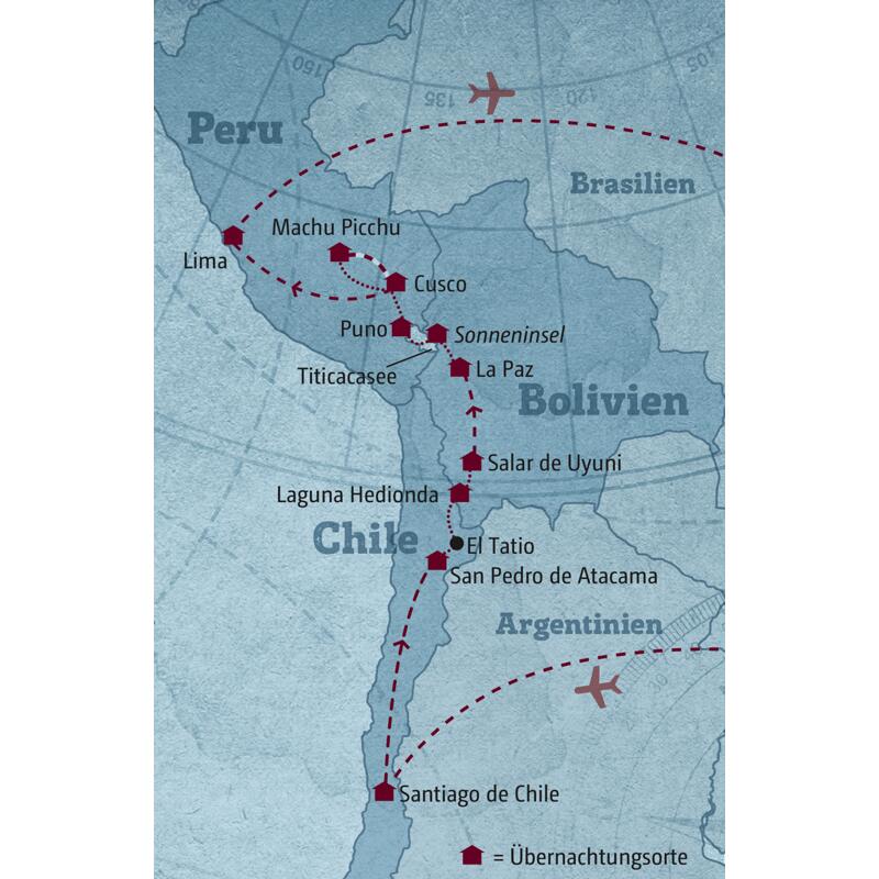 Ihre Reiseroute führt Sie nach Santiago de Chile und in die Atacama-Wüste, dann nach Bolivien zum Uyuni-Salzsee und nach La Paz und schließlich über den Titicacasee, Cusco und Machu Picchu nach Lima.