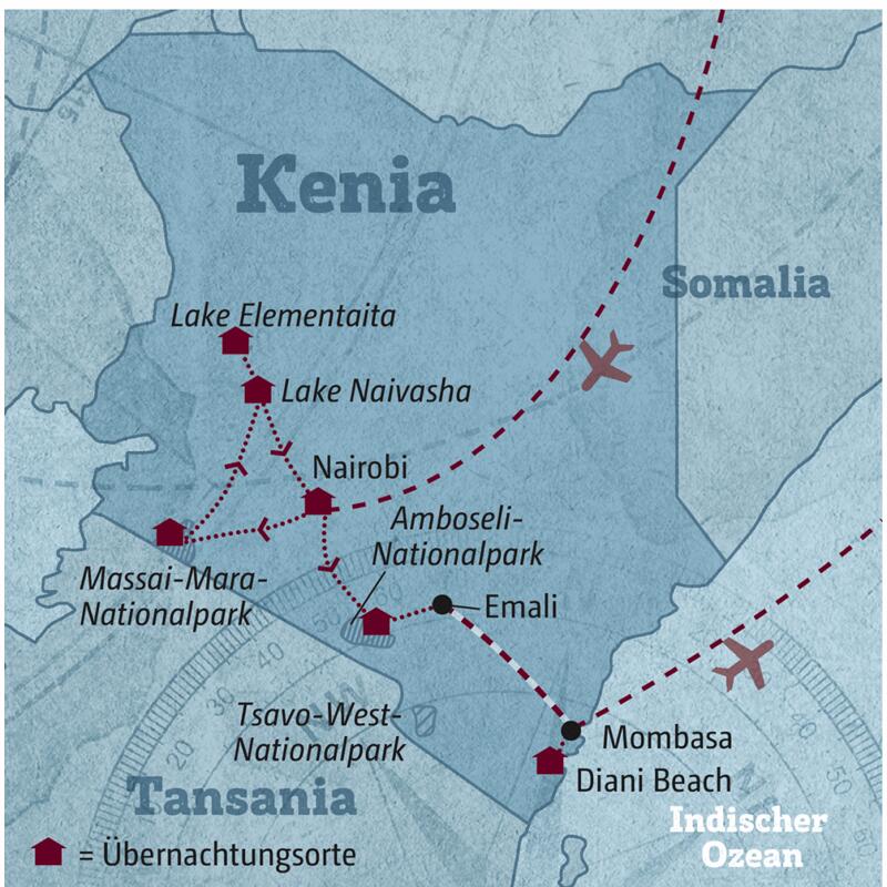 Ihre Reiseroute durch Kenia startet in Nairobi und führt über die Massai Mara, das Great Rift Valley und den Amboseli-Nationalpark zum Diani Beach.