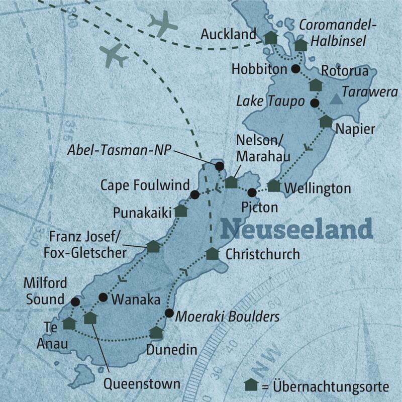 Diese Reisekarte zeigt den Verlauf der individuellen Marco Polo Reise durch Neuseeland: Auckland, Coromandel-Halbinsel, Hobbiton, Rotorua, Napier, Wellington, Abel-Tasman-NP, Punakaiki, Franz-Josef/Fox-Gletscher, Queenstown, Milford Sound, Dunedin, Christchurch.