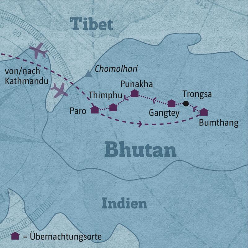 Ihre Reiseroute durch Bhutan führt Sie zunächst nach Bumthang, von wo aus Sie dann über Land zurück nach Paro fahren.