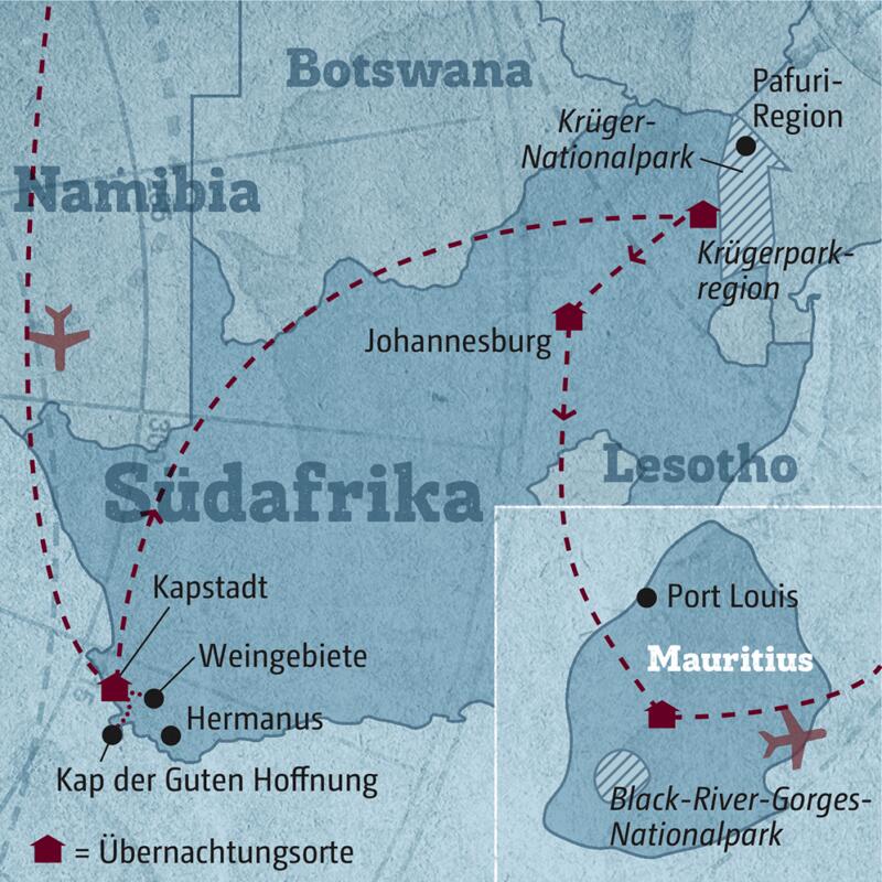 Auf Ihrer individuellen Reise Südafrika - Mauritius erleben Sie Kapstadt, Safarifahrten und das Inselparadies Mauritius.