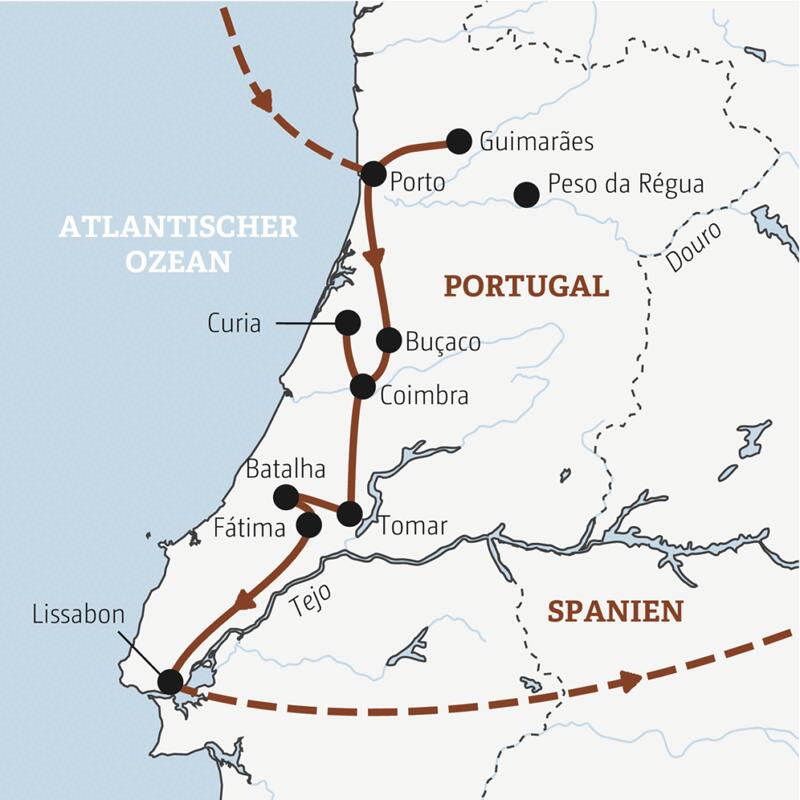 Reiseverlauf der Portugal Entdeckerreise - von Porto nach Lissabon.