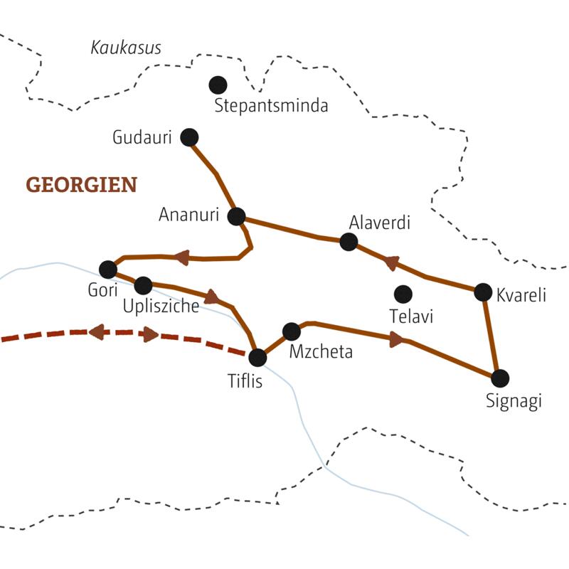 Die Route unserer Marco Polo Rundreise durch Georgien startet in Tiflis, führt in die Bergwelt des Großen Kaukaus, dann in die Weinbauregion rund um Signangi und nach  Gori.