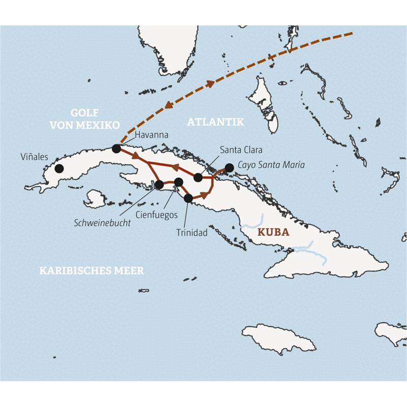 Ihre Rundreise durch Kuba mit Marco Polo-Reiseleitung führt Sie von Havanna nach Cienfuegos, Trinidad und zum Baden nach Cayo Santa María. Auf Wunsch können Sie einen Ausflug in die Tabakregion Viñales oder eine Katamaran-Fahrt nach Cayo Iguana dazubuchen.