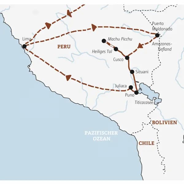 Die Reiseroute der Marco Polo Reise durch Peru: von Lima ins Amazonas-Tiefland, dann nach Cusco und Machu Picchu und weiter zum Titicacasee.