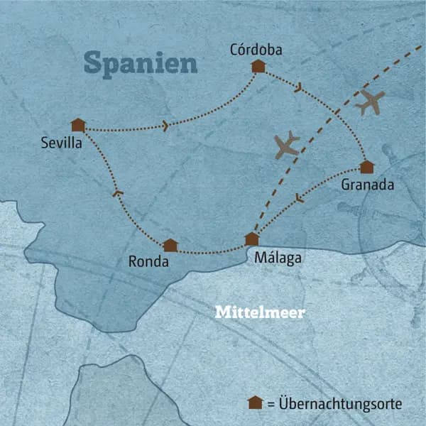 Diese Karte zeigt den Verlauf Ihrer individuellen Rundreise durch Andalusien: sie führt von Malaga über Ronda, Sevilla, Cordoba,  Granada und zurück nach Malaga.