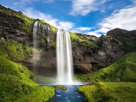 Ein Wasserfall umgeben von üppiger Vegetation