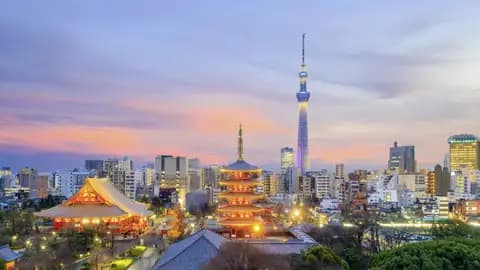 Abenddämmerung in Tokio mit Blick auf die beleuchtete Pagode des Senso-ji-Tempels und den hoch aufragenden Tokyo Skytree.